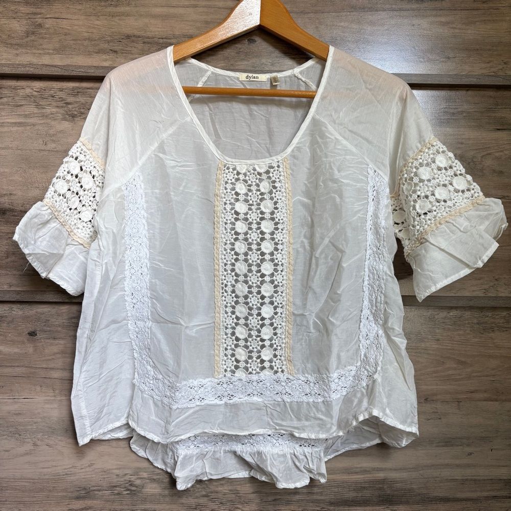 Dylan M White Lace Silk Cotton Ruffled Blouse Luxury Preppy Boardwalk Coastal
